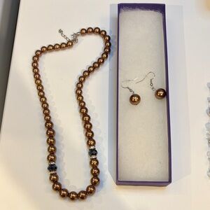 Elegant bronze silver black Pearl Necklace and Earring Set